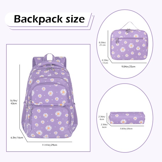 Schulrucksack Mädchen Teenager Damen Schultasche Rucksack Set Gänseblümchen Schulranzen für Mädchen Schule Freizeit mit Lunchpaket Tasche und Mäppchen